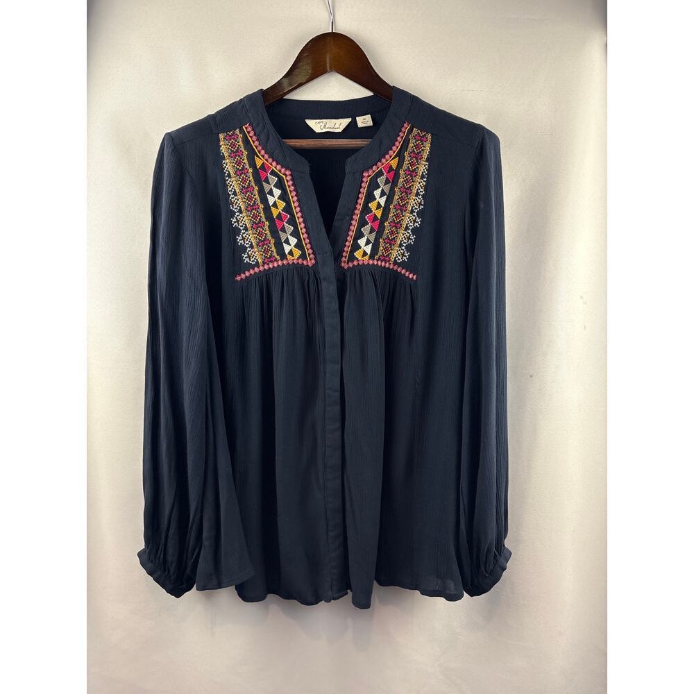 Women’s Caffé Marrakesh Navy Blue Embroidered Long Sleeve Blouse